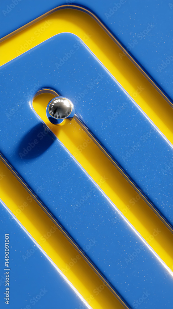 Poster abstract image of blue and yellow glossy stripes with a metallic sphere, creating a dynamic and mode