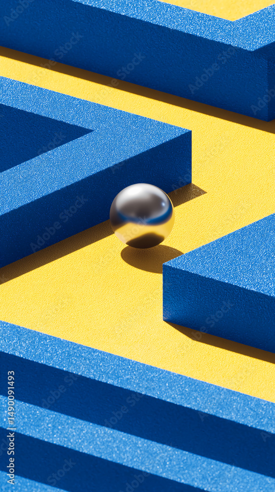Poster silver sphere on yellow and blue textured surface, creating geometric abstract composition, showcasi