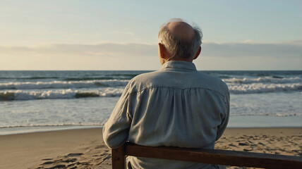 Fototapeta premium An elderly man with a serene expression sits on a simple wooden bench by the shore, watching the waves