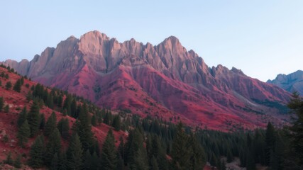 Fototapeta premium Majestic mountain range ablaze with vibrant autumn colors, showcasing stunning red and gray peaks against a serene twilight sky.