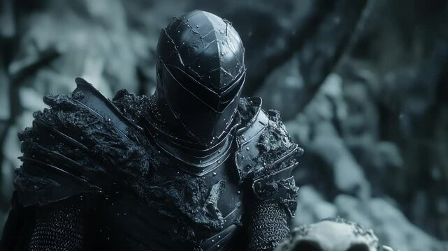 A mysterious warrior in dark armor contemplates a skull in an eerie, desolate landscape.