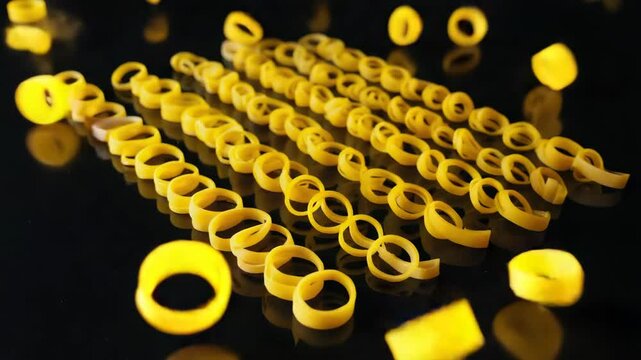 A row of yellow noodles with a black background. The noodles are in a spiral shape. Simple and minimalistic feel to it