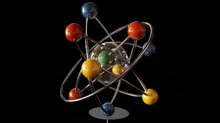 Colorful atomic model design on a dark background.