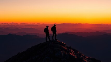 Obraz premium Two hikers stand silhouetted on a mountain peak at sunrise enjoying a breathtaking panoramic view of layered mountain ranges.