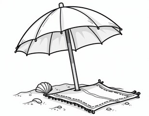 Beach Umbrella, Towel, and Seashell Summer Vacation Illustration