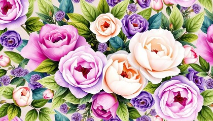 Fototapeta premium Elegant watercolor floral seamless pattern featuring violet roses, cream peonies, and lush greenery, repeat, spring