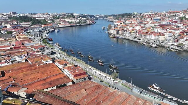 Gaia Skyline At Vila Nova De Gaia District Of Porto Portugal. Birds Eye View Of Stunning Dark River And Forest Trees. Infrastructure Landscape Company Building Beautiful.