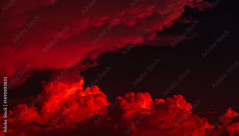 Poster red clouds in the black sky. surreal background with copy space for text, burning fire in the sky.
