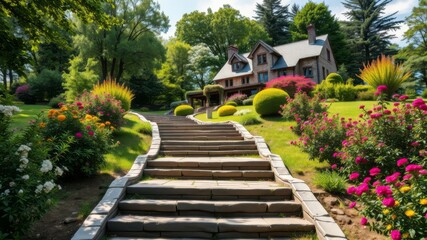 A picturesque stone staircase leads to a charming Victorian style home led within a vibrant, meticulously landscaped garden on a sunny day.