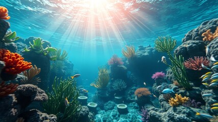 Fototapeta premium Vibrant underwater coral reef scene showcasing diverse marine life swimming amidst colorful corals and sunlit ocean water.