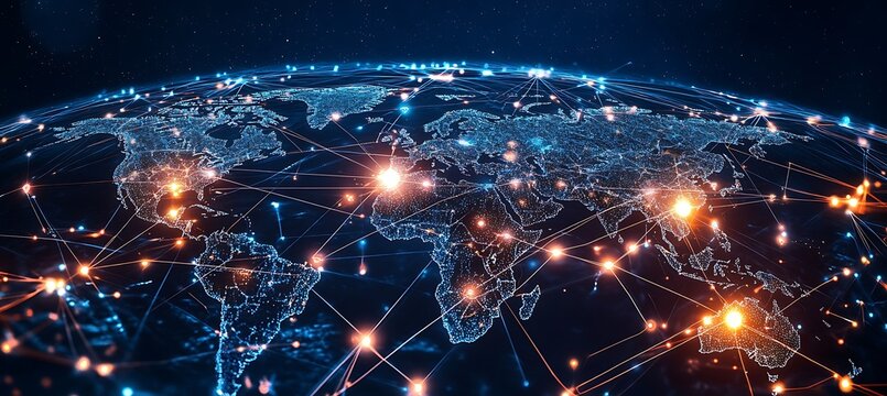 High-Tech Virtual Map Illustrating Global IoT Connections, Data Movement Patterns, and Device Communication Infrastructure Across a Connected World