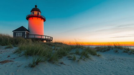 A majestic lighthouse stands tall on a sandy beach at sunrise casting a warm orange glow against the tranquil ocean and blue sky.