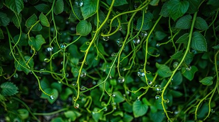 Close up of green vines and leaves with water droplets clinging to the stems and foliage in nature