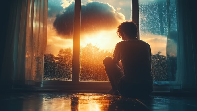 The image of a person sitting under a raincloud indoors, while the sun is shining outside the window, symbolizes inner depression hidden behind an outwardly normal life
