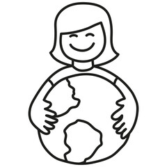 nature conservation concept. Happy person hugging the Earth illustration in a simple design.hand drawn doodle line style