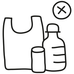 nature conservation concept. Illustration of a bottle, cup, and plastic bag with a no symbol.hand drawn doodle line style