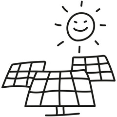 nature conservation concept. Solar panels with a smiling sun illustration.hand drawn doodle line style