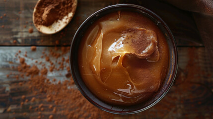 Top-down view of Dybfrost in a bowl, showcasing the glossy caramel sauce with a dusting of cocoa.