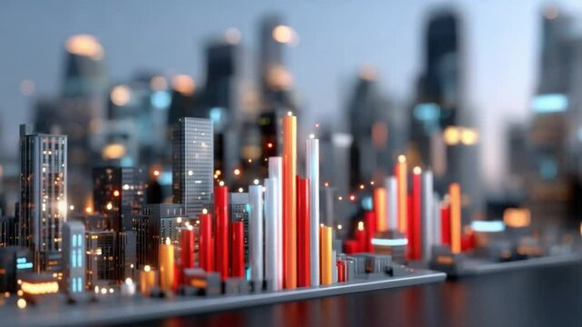 Cityscape Data Visualization: A miniature cityscape model with vibrant red and orange bars representing data, set against a blurred backdrop of a larger city at night.