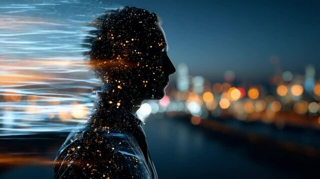 Digital Mindscape: A silhouette of a person merges with an ethereal digital stream, against a backdrop of a city lights, symbolizing the connection between mind, technology, and the future.