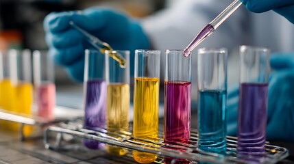 A chemist carefully lowers gloved hands to stir colorful test tube liquids, conducting experiments with meticulous precision, in a science lab. .