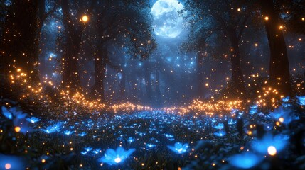 Naklejka premium Enchanting forest path under a full moon, filled with glowing flowers and fireflies. A mystical night scene