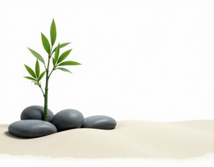 Zen Garden with Bamboo Shoot and Smooth Grey Stones in Sand - Tranquility