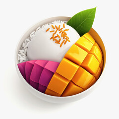Vibrant top-down view of a bowl of colorful thai mango sticky rice dessert with fresh mango and coconut topping