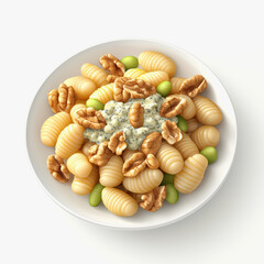Top-down view of a delicious plate of gnocchi with gorgonzola cheese topped with nuts and fresh ingredients