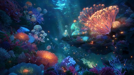 A glowing underwater world with bioluminescent creatures and vibrant coral formations in the depths. .