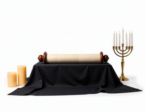 Torah Scroll on Black Cloth with Menorah and Candles