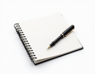 Blank Spiral Notebook with Fountain Pen on White Background