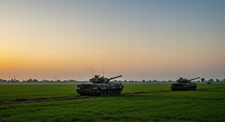 Naklejka premium Tank in Field at Sunset