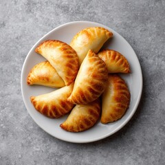 Golden Brown Salteas on White Plate with Inviting Texture and Crusts