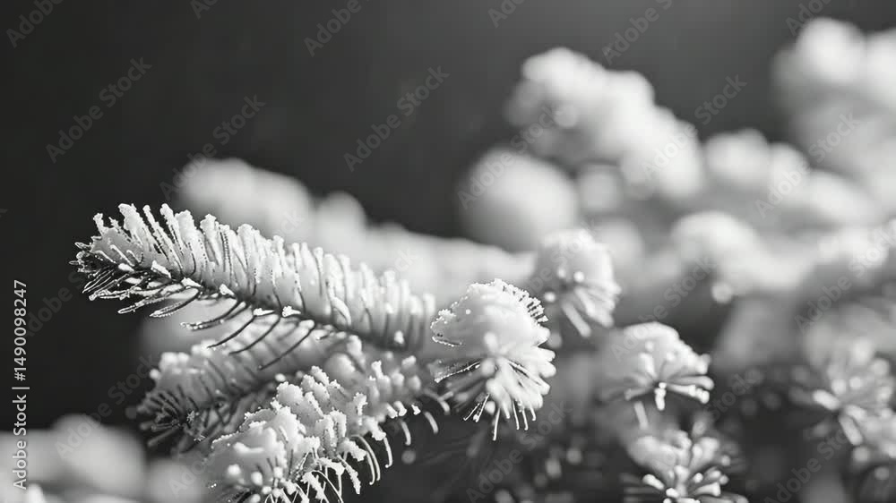 Poster a close up of a snow covered tree branch. the branch is covered in snow and has a frosty appearance.