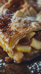 Vertical close-up of Apfelstrudel, showcasing flaky pastry, apple slices, cinnamon, raisins, and vanilla sauce
