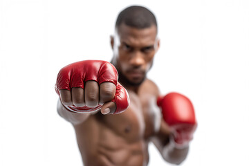 Boxer with gloves punching forward isolated on white background.