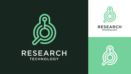 Fototapeta premium Abstract magnifying glass and circuit rotation molecule vector design inspiration. Research technology logo template.