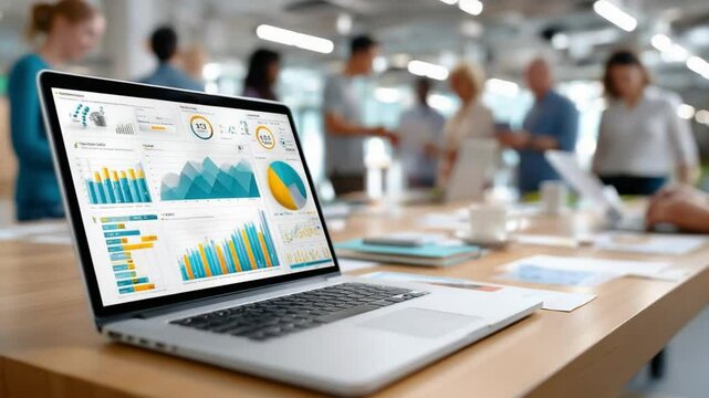 Laptop with Data Analytics Dashboard: A modern laptop displaying a vibrant data analytics dashboard sits on a table in a busy office, showcasing key performance indicators and insightful charts.