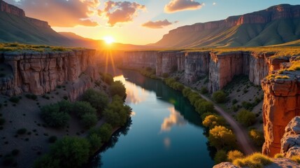 Golden sunrise bathes Guadalupe River Gorge in warm light, seen from a panoramic perspective.