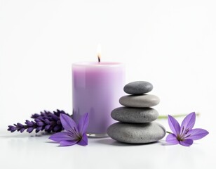 Serene Spa Still Life Lavender Flowers, Stacked Stones, and Purple Candle