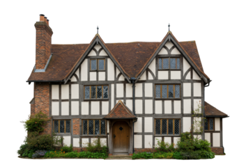 Charming English Tudor-style countryside house with half-timbering and steeply pitched roofs