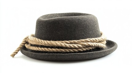 Stylish dark grey felt hat with beige rope accessory fashionable headwear men wool style brown model