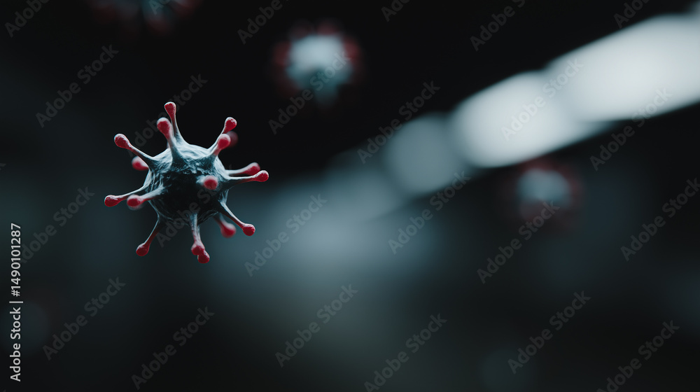 Poster microscopic menace: an abstract 3d render of a microscopic virus, showcasing its spiky structure wit