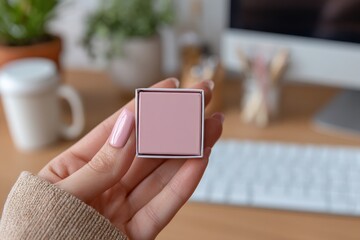 A woman's hand delicately holding a small pink box against a modern workspace backdrop, showcasing a blend of beauty and technology, with plants adding a touch of nature.