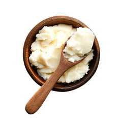 Shea butter in wooden bowl with wooden spoon