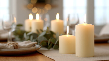 cozy christmas celebration scene in usa featuring aromatic candles glowing softly on beautifully set light table