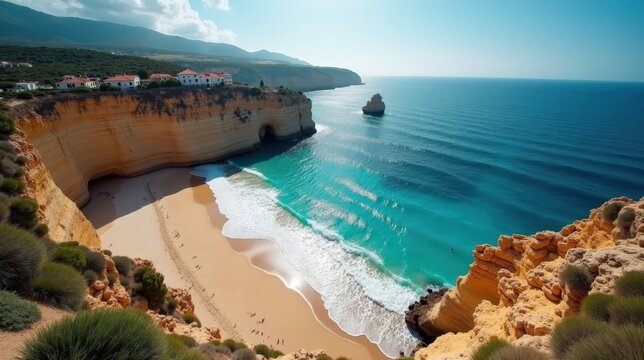 Aerial view of Carnota Beach shows golden sand and turquoise waves under a bright midday sun.