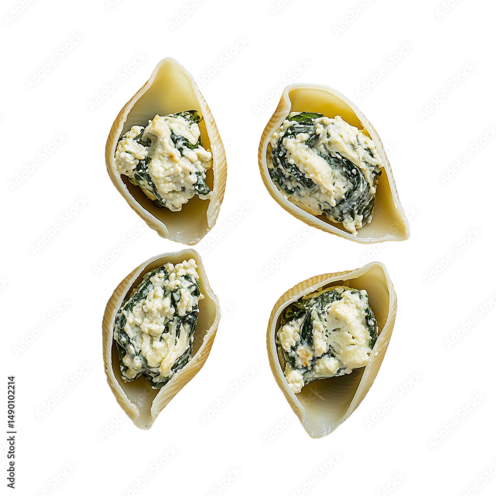 Poster four spinach and ricotta stuffed shells showcasing unique shapes and textures, each containing disti