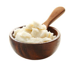 Shea butter in wooden bowl with wooden spoon